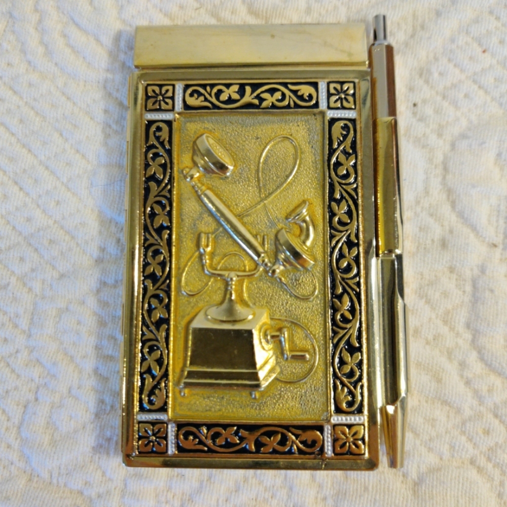 Vintage Spanish Pocket Size Brass Golden Embossed Telephone Case and Pen set